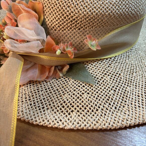 VTG Cappelli Florida Woven Straw Sun Hat Floral Ribbon Classic Cottage - Picture 5 of 11